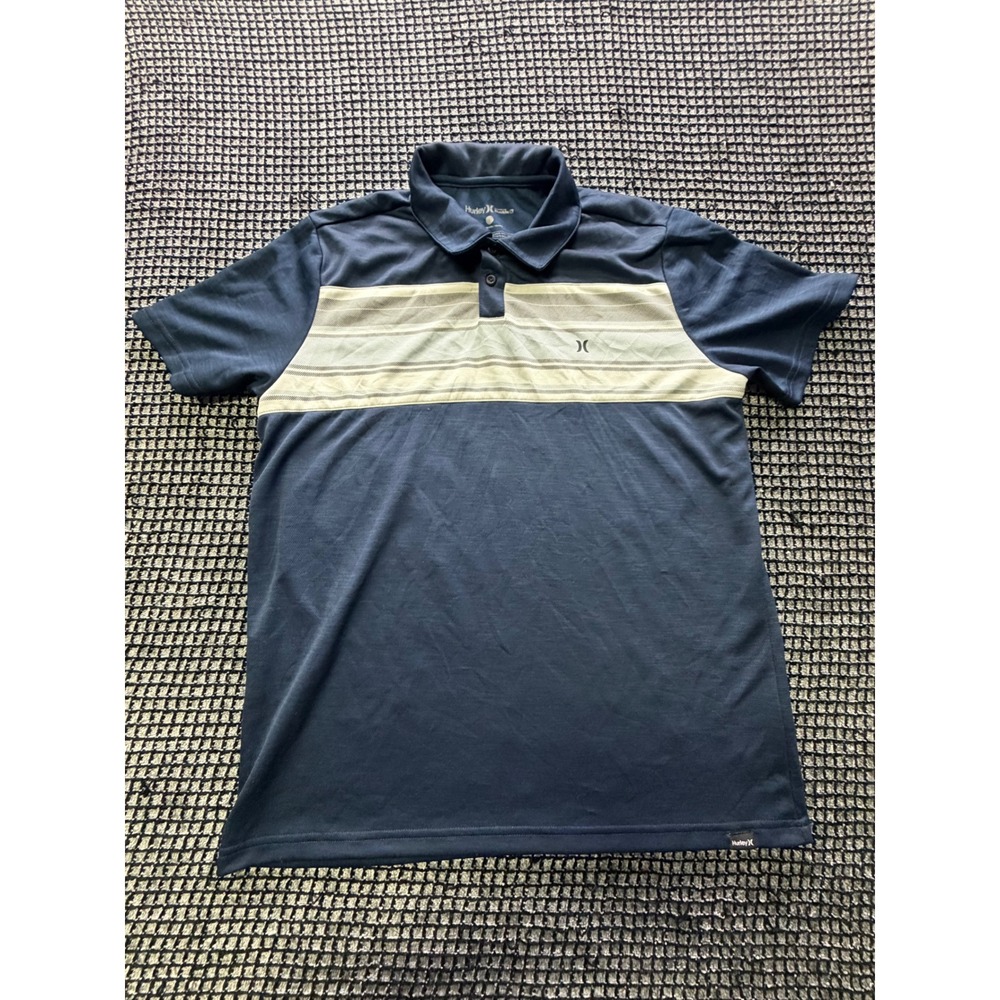 Hurley Polo Shirt Mens Large Navy‎ Striped Buckle Short Sleeve Excellent